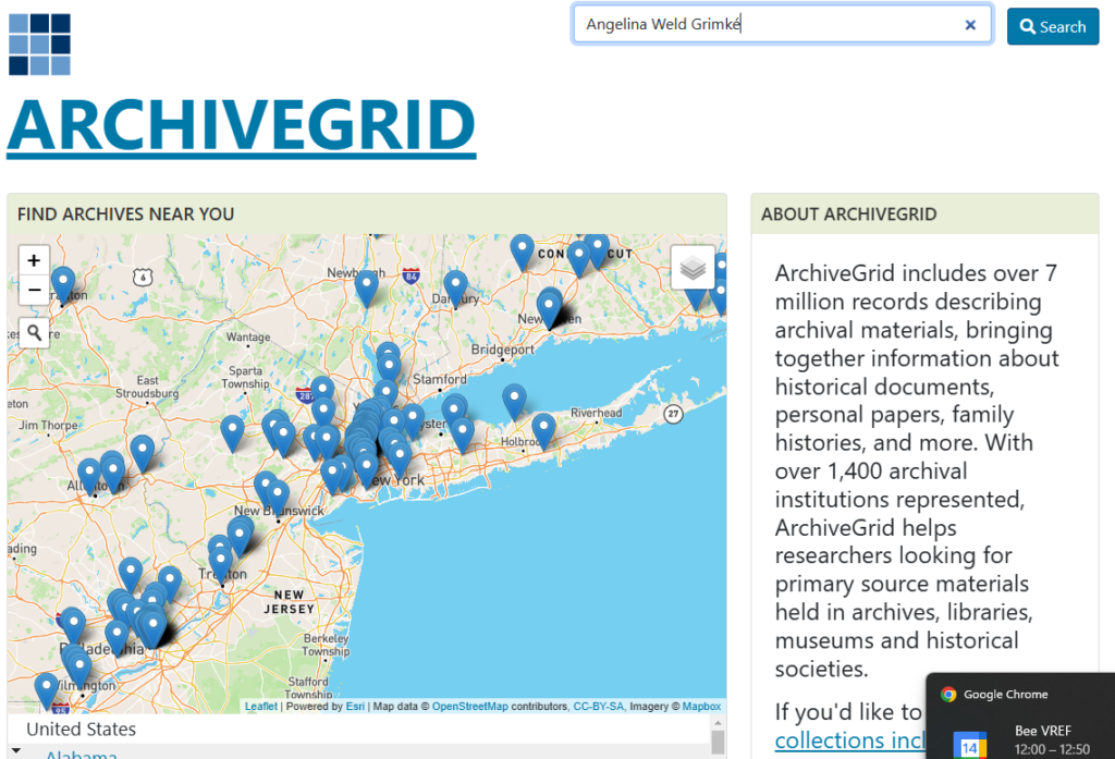 Screencapture of ArchiveGrid landing page with map in center and search box on right.